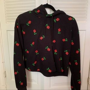Black Cropped Hoodie w/ Roses